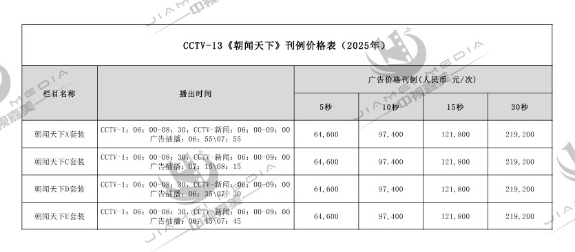 CCTV13新闻频道广告费用表