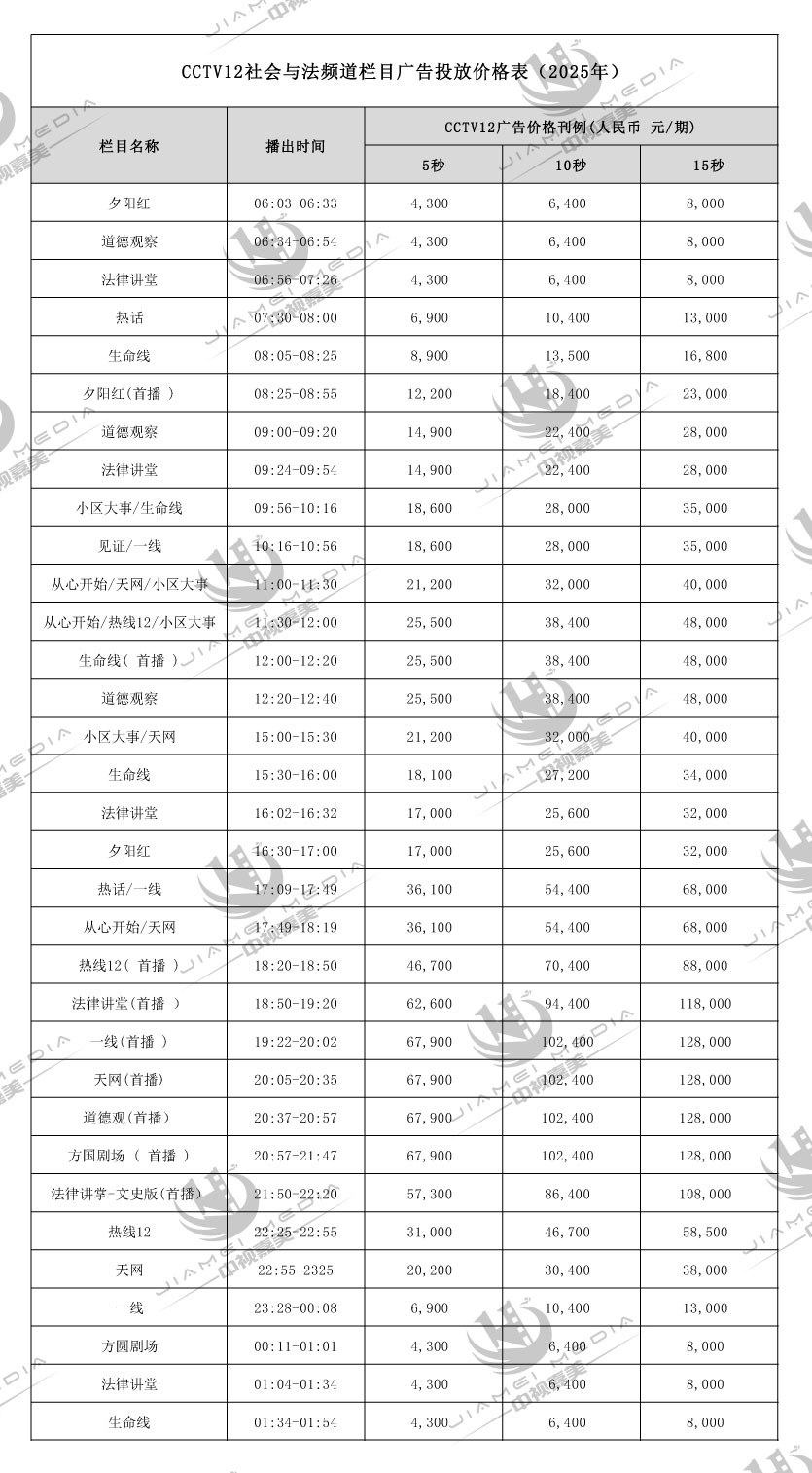 CCTV12社会与法广告费用表