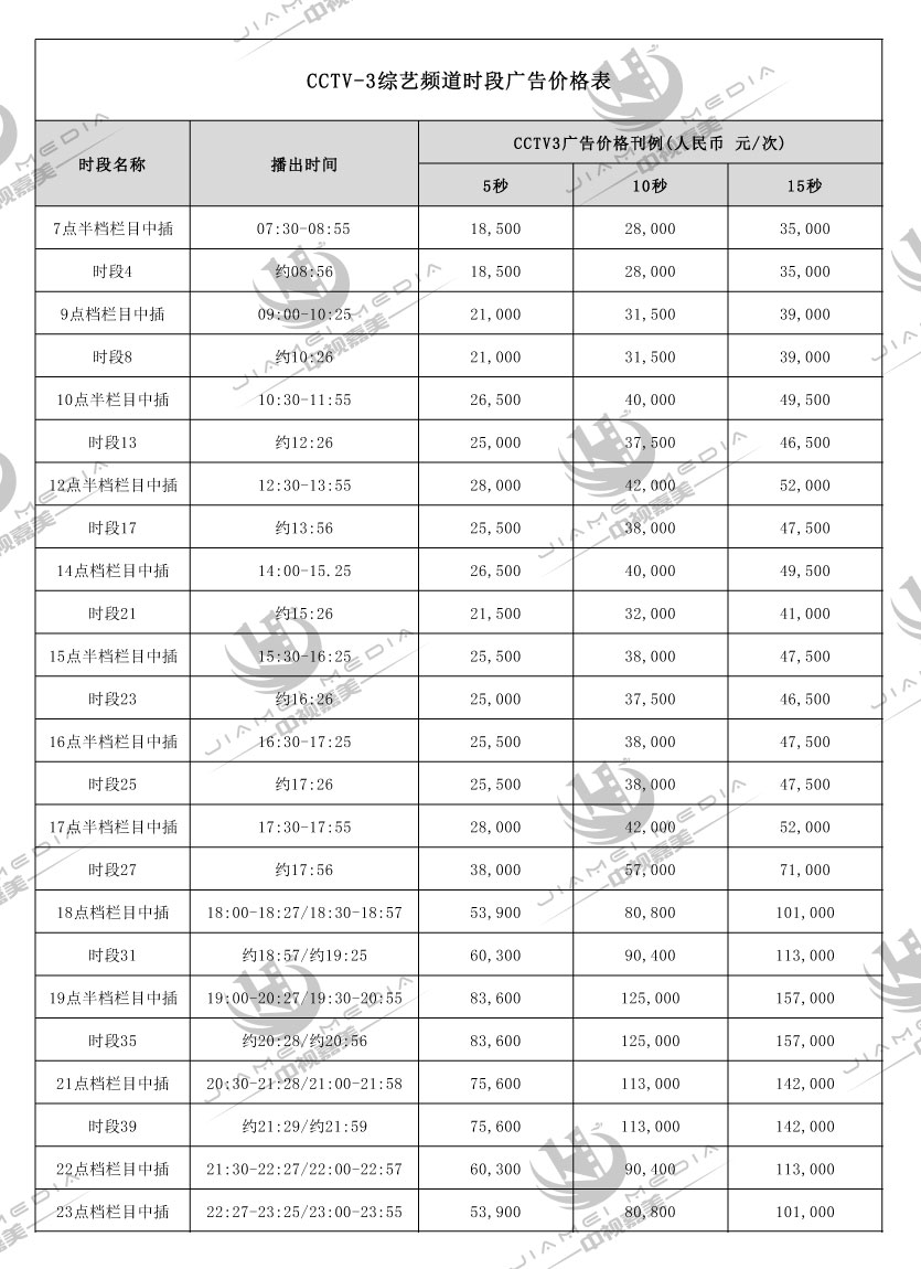 CCTV3综艺频道广告费用表
