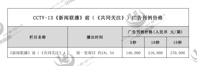CCTV13新闻频道广告费用表