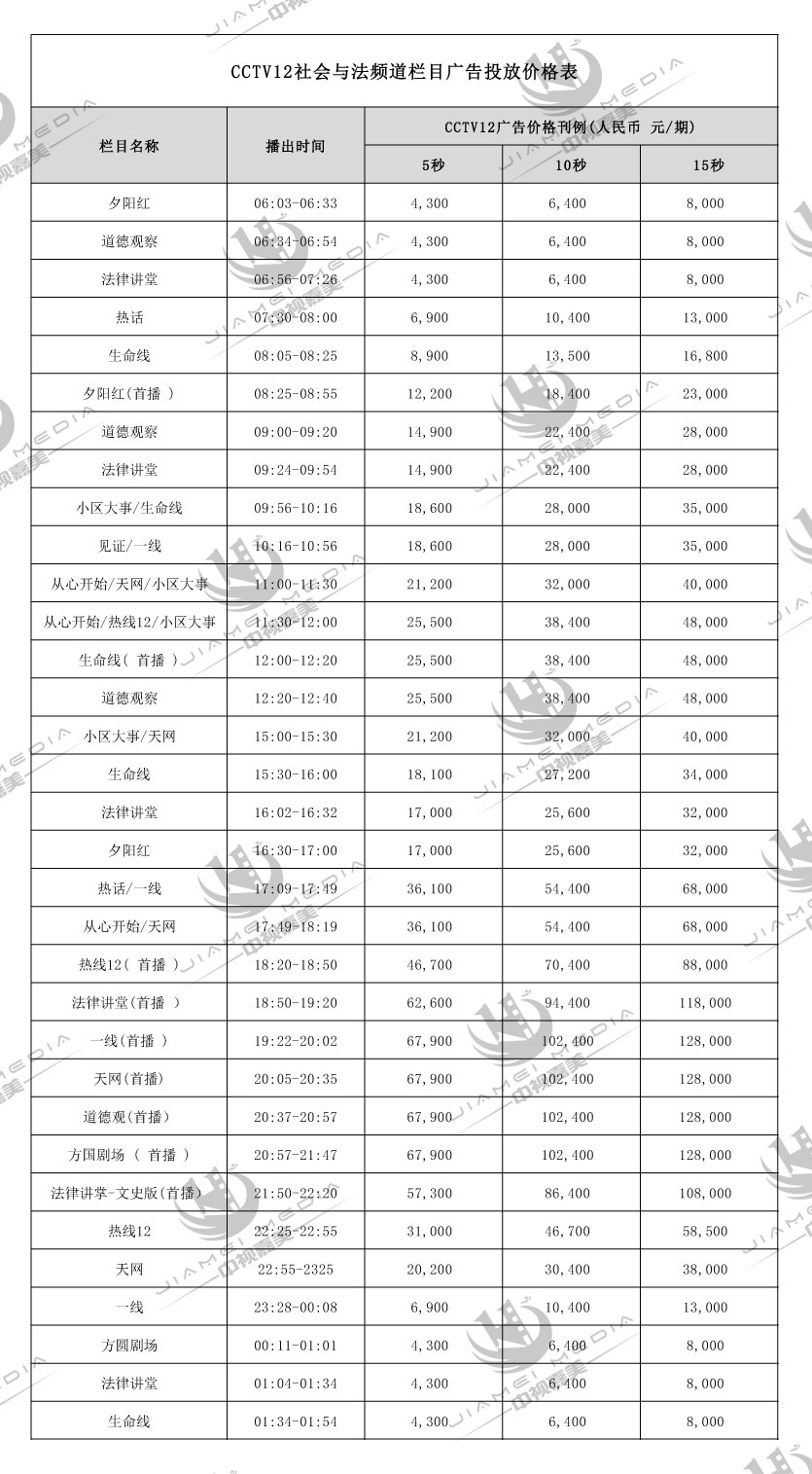 CCTV12社会与法广告费用表