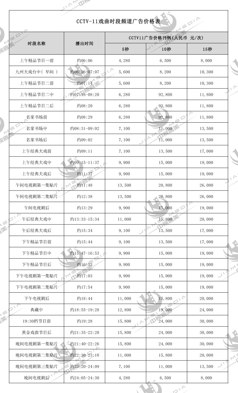 CCTV11戏曲频道广告费用表